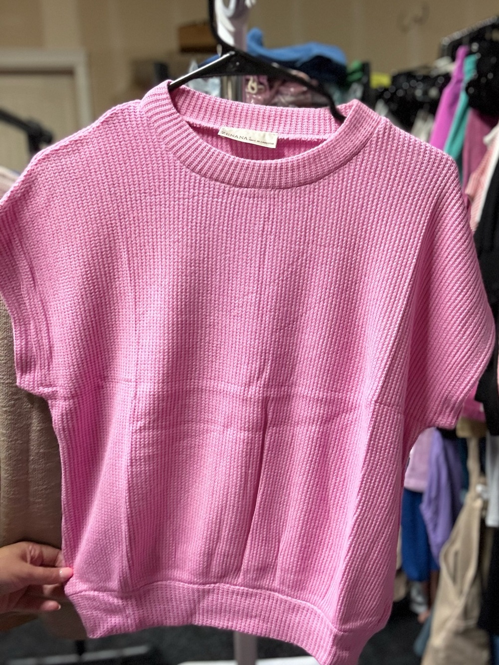 Pink Waffle Knit Top with Crew Neck